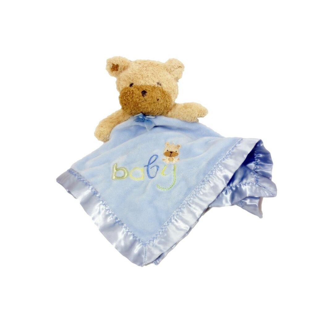 Child of Mine Blue Bear Lovey  Security Blanket Satin Trim Rattle Minky Plush